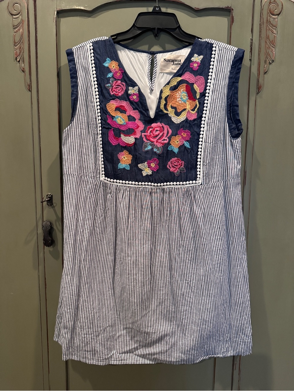 Savanna Jane Embroidered Striped dress - Navy Floral Yoke